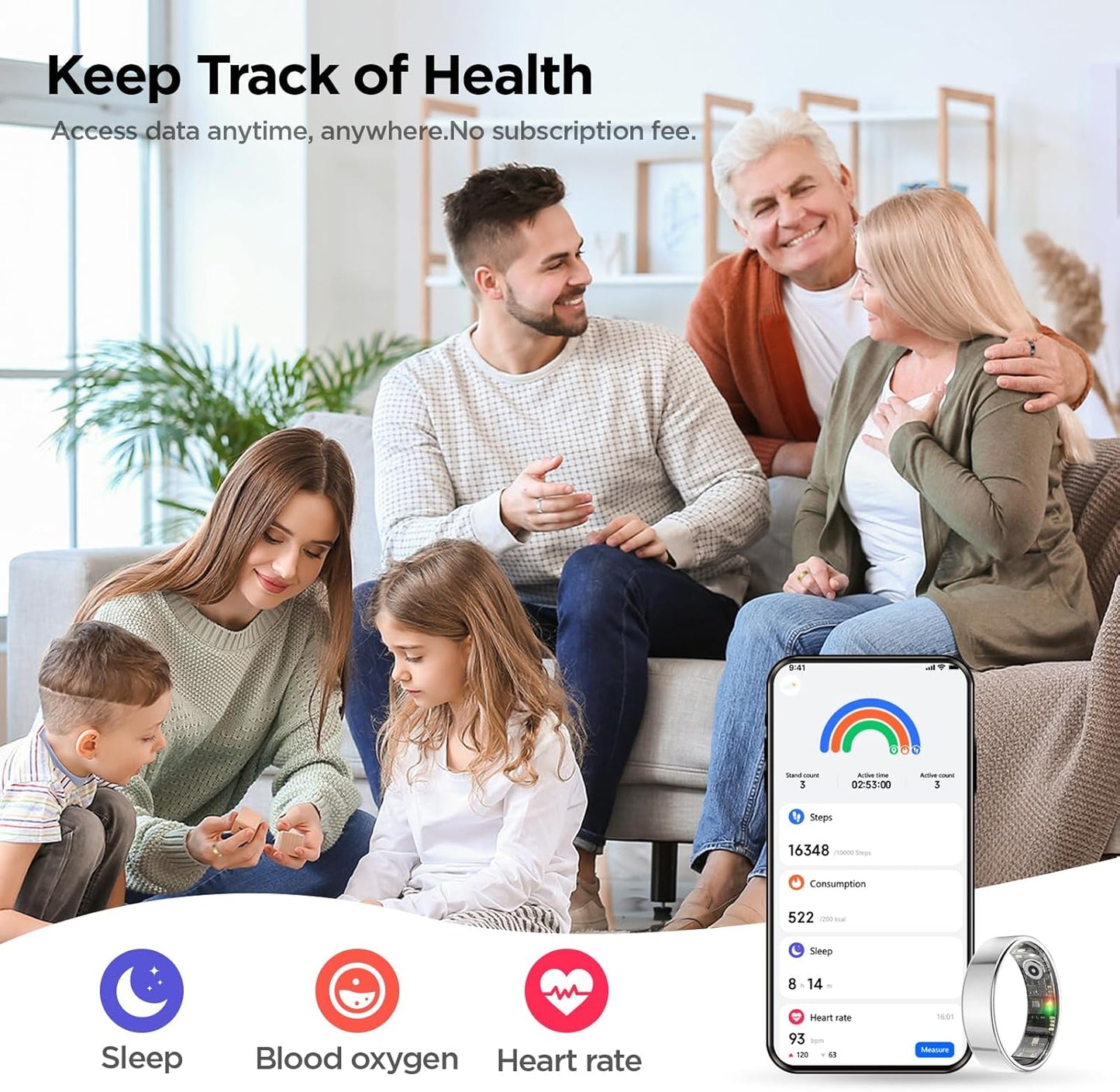 خاتم ذكي Benio Ring Gen 2، متتبع الخطوات/النوم/الأكسجين في الدم/معدل ضربات القلب للنساء والرجال، بتقييم مقاومة للماء أعلى 5ATM، متتبع للياقة البدنية، بدون رسوم اشتراك، لأجهزة iPhone و Android